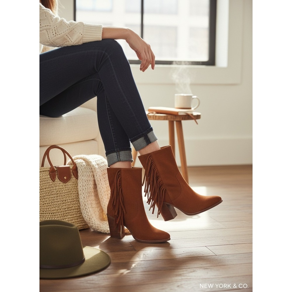 New York & Co AARYA Women's Fringe Suede Ankle Western Boots Cognac Size 7.5 NWB